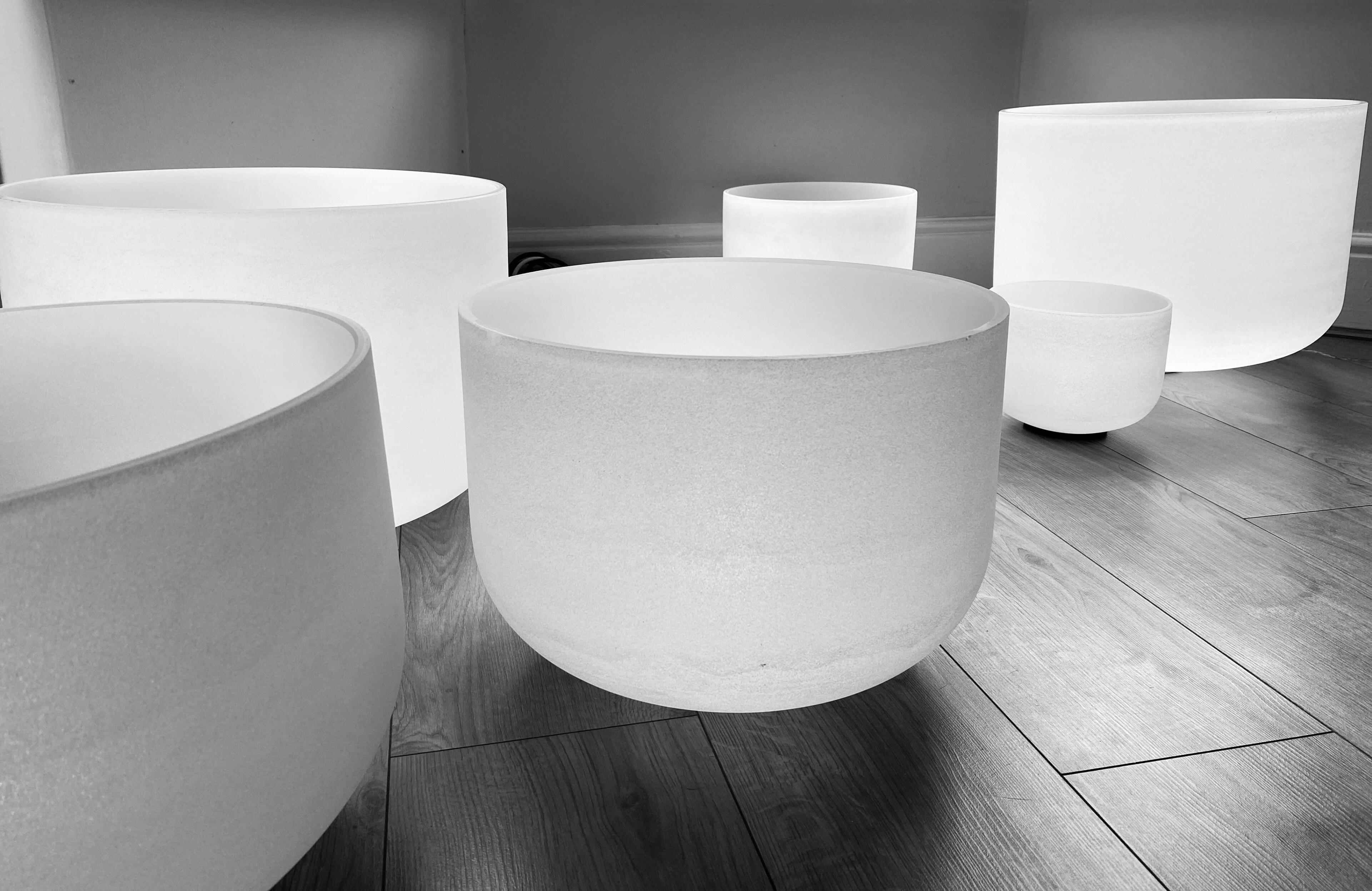Some of our frosted quartz crystal bowls. Photo: Rupert Showing six of our fourteen frosted quartz crystal chalices. Photo: Rupert